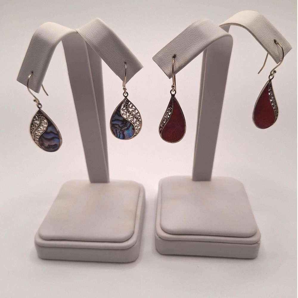 Abalone sponge coral drop dangle earrings in sterling silver set of 2